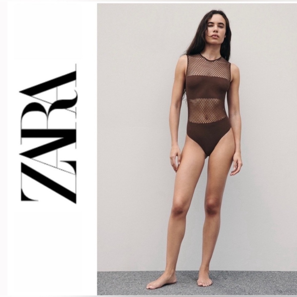 NWT - Zara Brown Net Sleeveless Bodysuit - Size XS/S